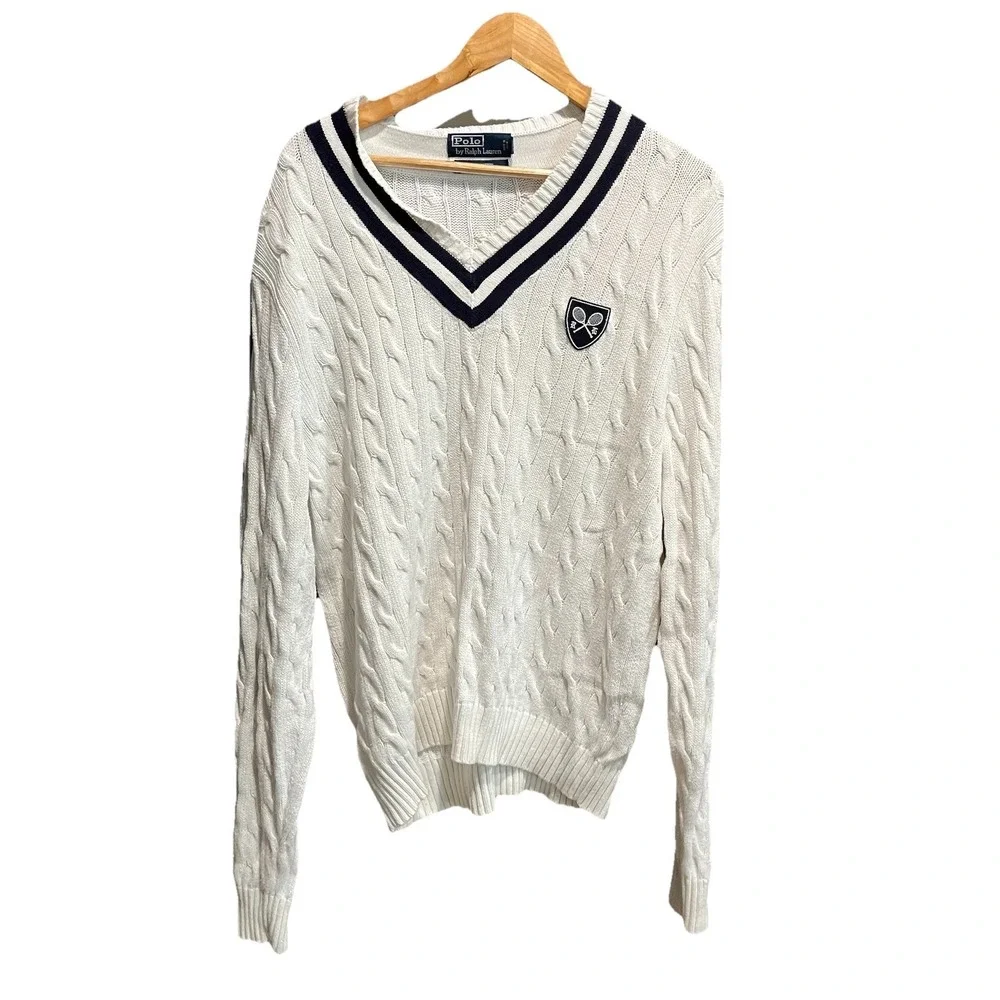 Polo Ralph Lauren White V Neck Cricket Tennis‎ Cable Knit Men's Sweater Size L